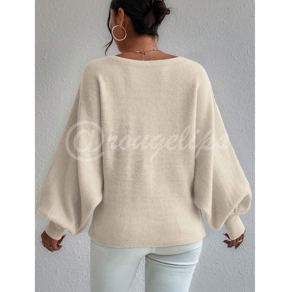 Knit Graphic Pullover Sweater Beige Brown Bishop Sleeve Stretchy - Picture 3 of 11